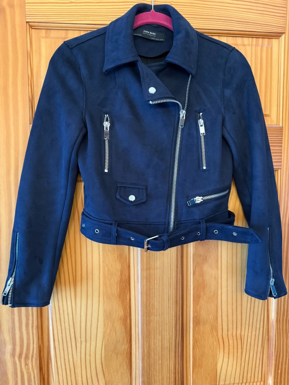 Zara Navy Suede Moto Jacket with Belt